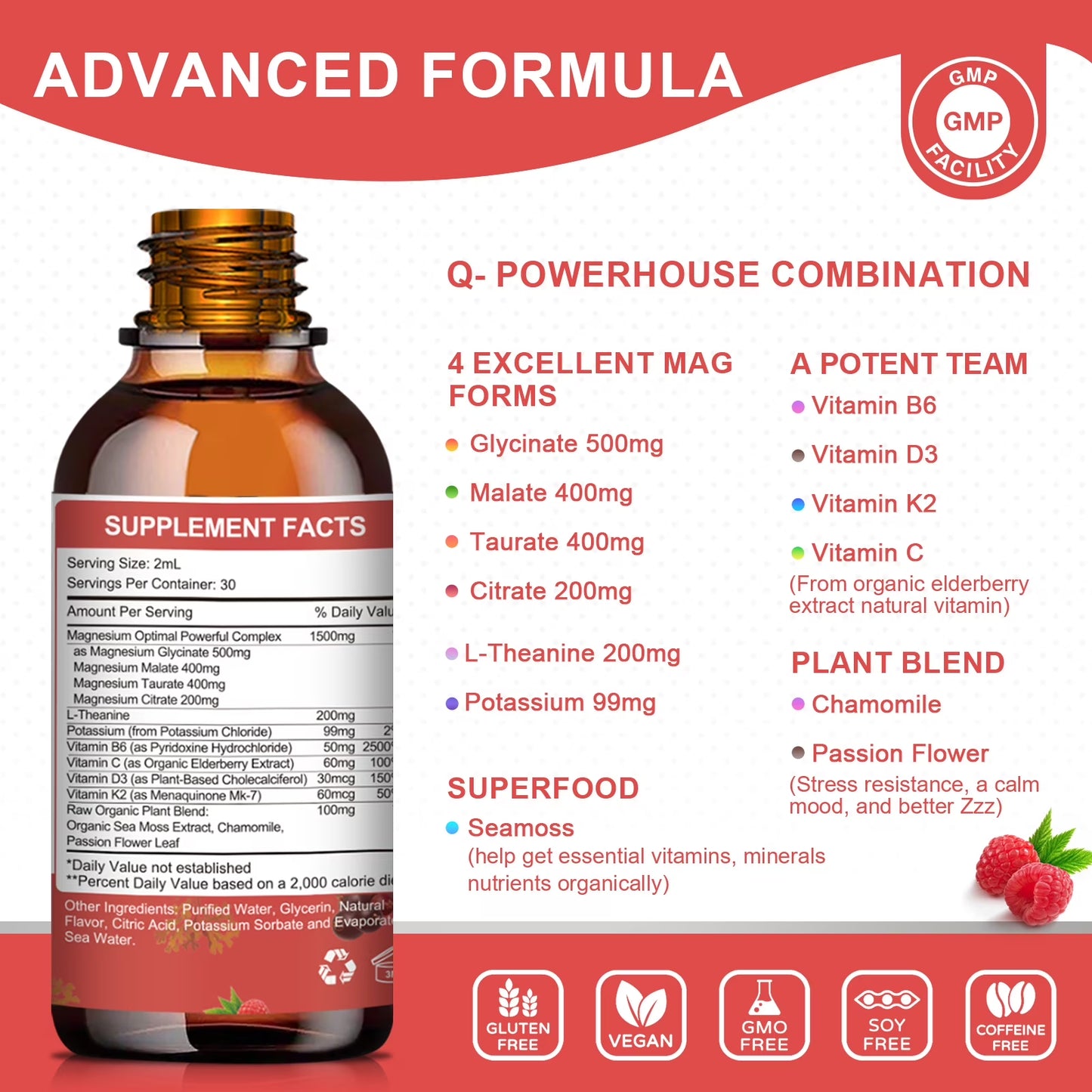Magnesium Glycinate Liquid Drop - with Citrate, Malate and Taurate, L-Theanine, D3, K2,B6 - for Sleep, Bone,Muscles, Energy, Sugar-Free Raspberry Flavor - 4 Fl Oz