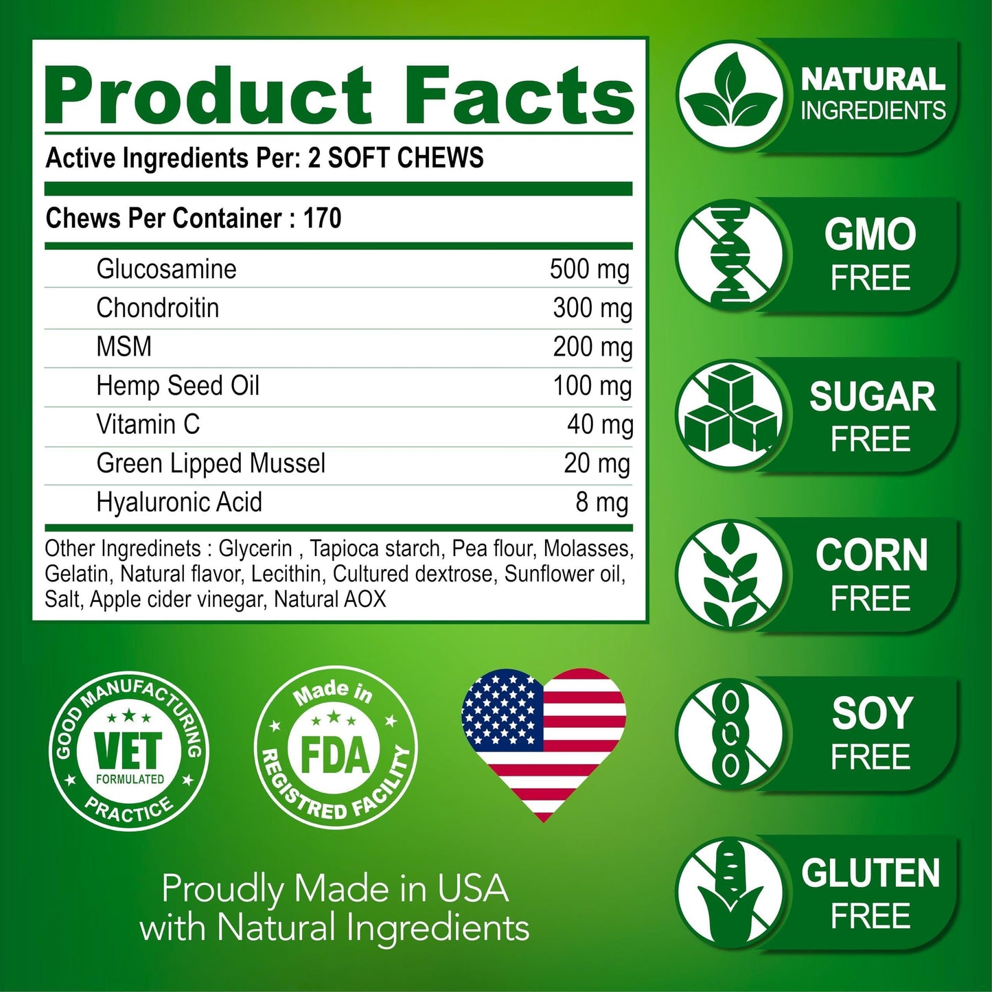 Glucosamine for Dogs Hip and Joint Supplement Glucosamine Chondroitin Joint Pain Relief MSM Hemp Advanced 170 Mobility Chews