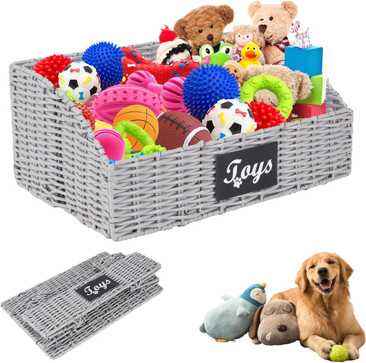 Dog Toy Basket Large Durable Metal Woven Foldable Storage Bin, Living Room Bedroom Entryway Toy Storage Organizer Rustic Trapezoid Pet Basket for Dogs Puppies and Home Floor Corners