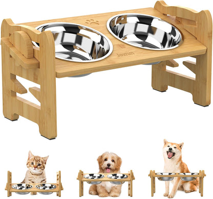 Elevated Dog Bowls, Adjustable Raised Dog Bowl Stand for Small Size Dogs and Cats, 15°Tilted Elevated Cat Bowls, Durable Bamboo Dogs Feeder with 2 Stainless Steel Bowls and Non-Slip Feet