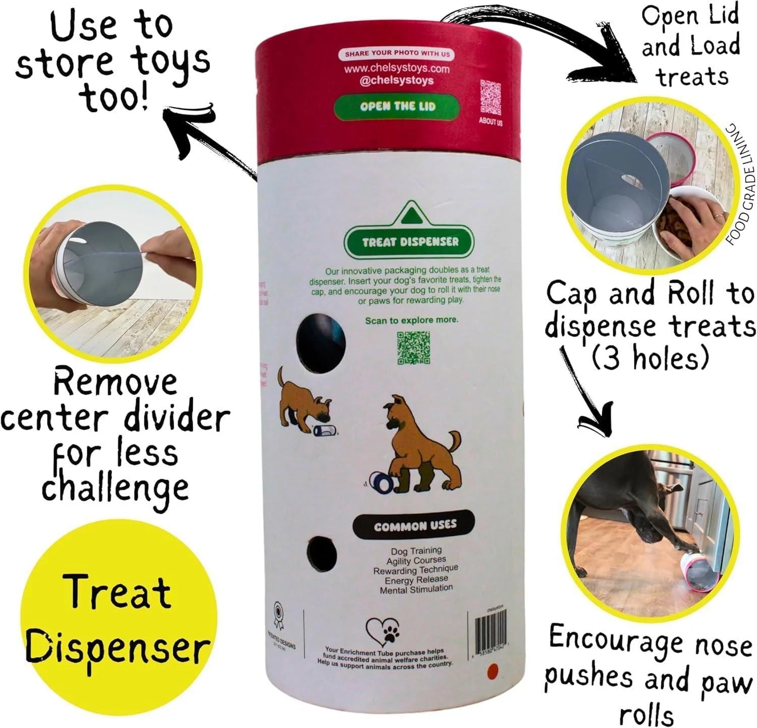 Orange 3 in 1 Enrichment Tube for Dogs Tug Toy Treat Dispenser & Snuffle Ball Durable Rope Dog Toy Interactive Dog Treat Puzzle for Large Dogs & Puppies