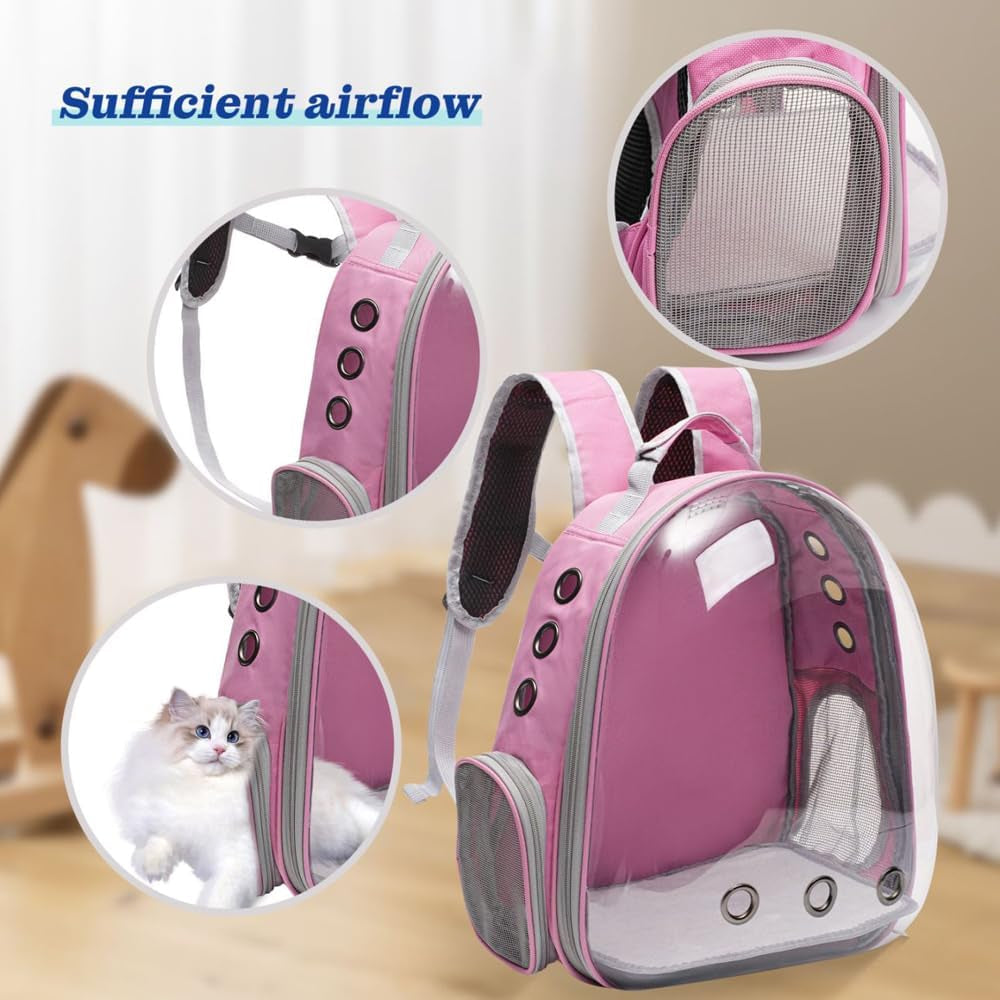 Large Cat Backpack Carrier for Travel and Hiking Transparent Pet Bubble Backpack for Cats up to 20Lbs with Ventilation and Padded Straps Mochila Para Gatos Transportadora Mascotas (Pink)
