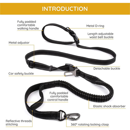 Hands Free Dog Leash 6 in 1 Waist Dog Lead Adjustable 8Ft Bungee Dog Leash with Nylon Double Handle for Walking/Running/Training