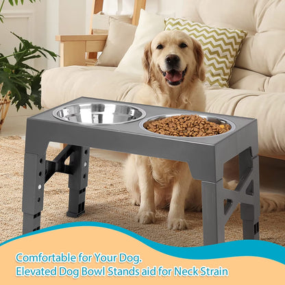 Elevated Dog Bowls with 2 Stainless Steel Dog Food Bowls, Raised Dog Bowl Adjusts to 5 Heights for Small Medium and Large Dogs, Grey