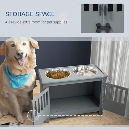 Large Elevated Dog Bowls with Storage Cabinet, Raised Dog Bowl Stand Pet Food Bowl Dog Feeding Station, Gray