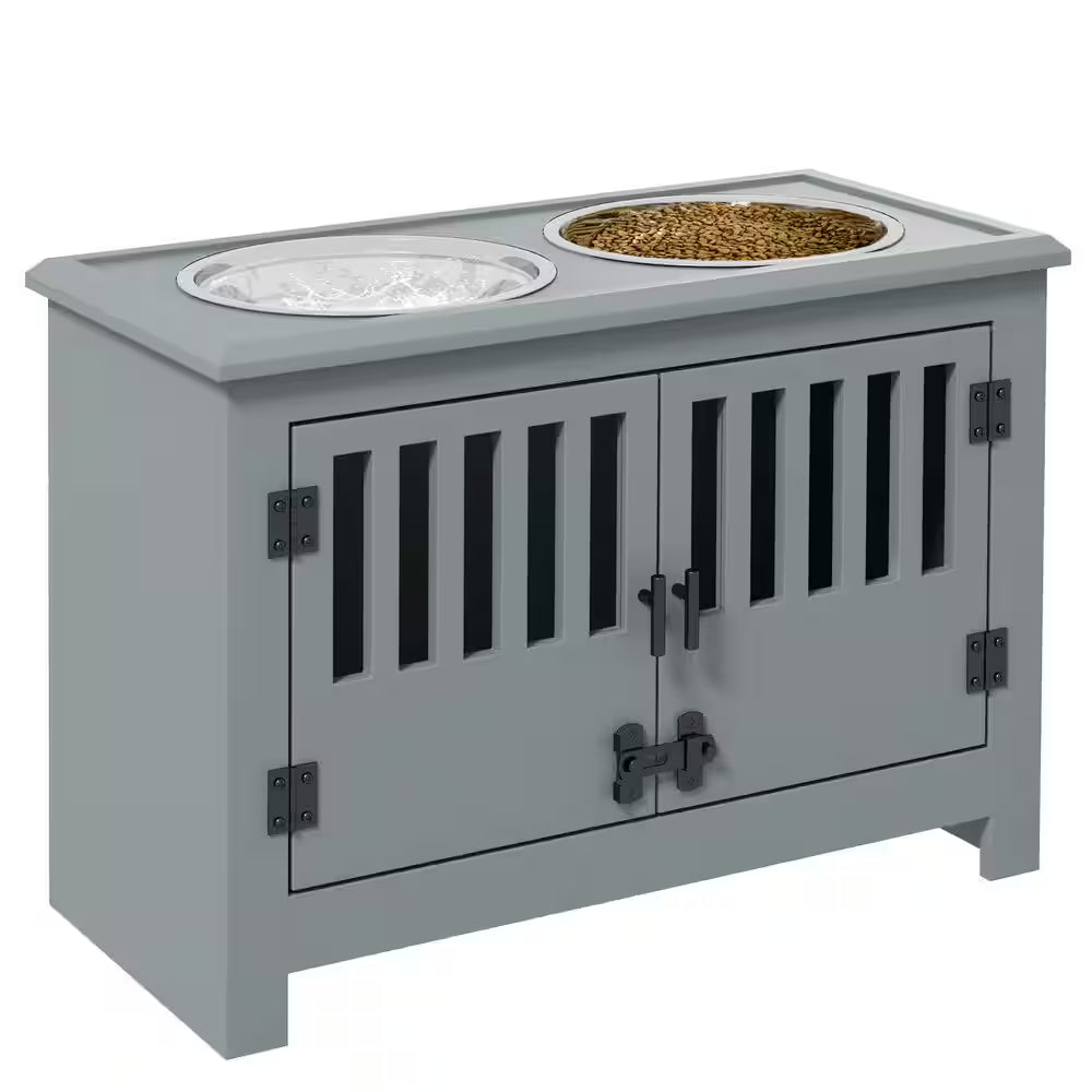 Large Elevated Dog Bowls with Storage Cabinet, Raised Dog Bowl Stand Pet Food Bowl Dog Feeding Station, Gray