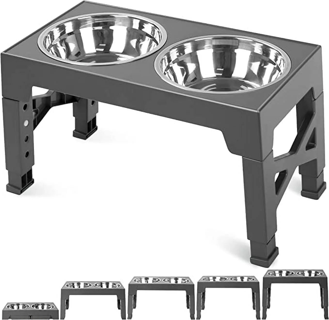 Elevated Dog Bowls with 2 Stainless Steel Dog Food Bowls, Raised Dog Bowl Adjusts to 5 Heights for Small Medium and Large Dogs, Grey