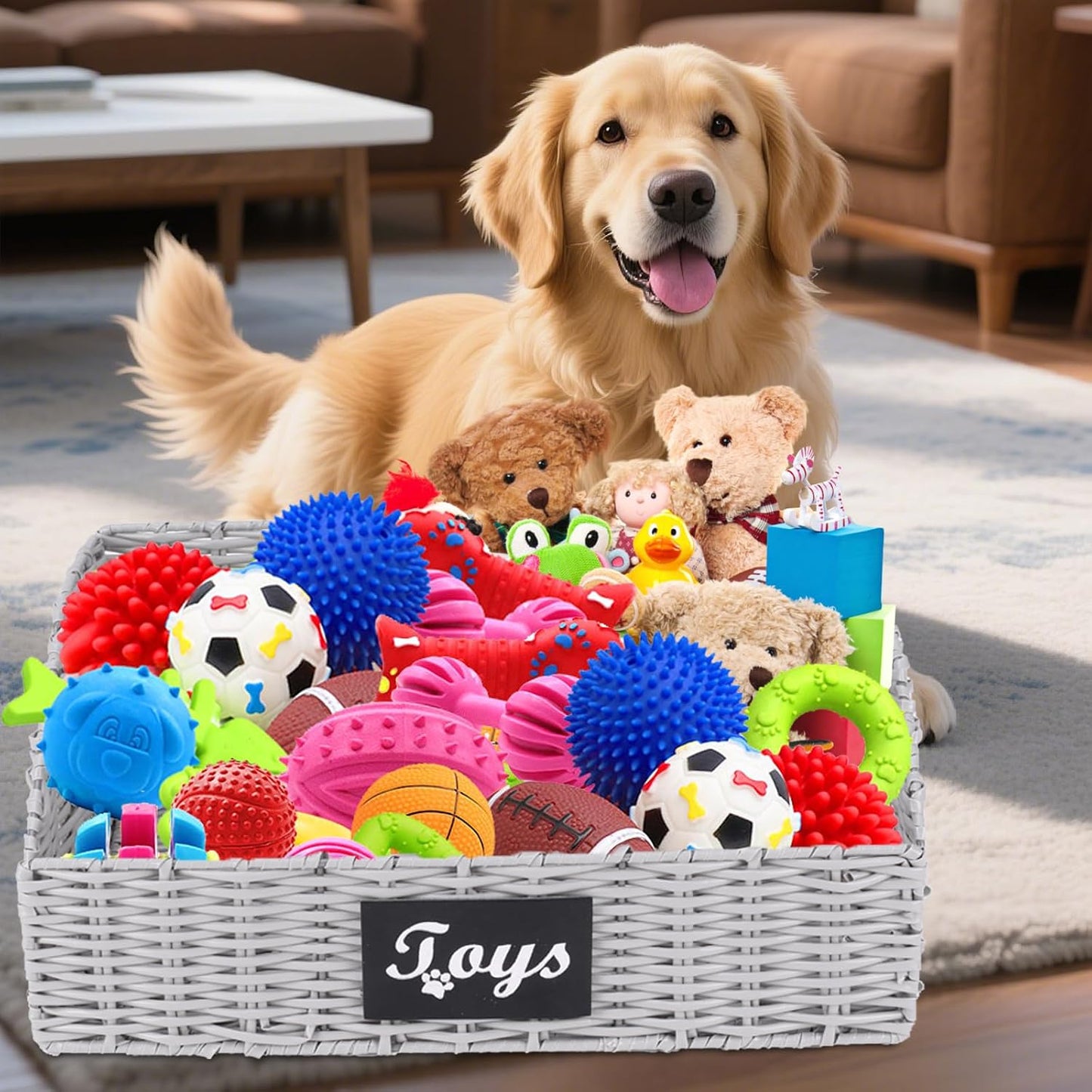 Dog Toy Basket Large Durable Metal Woven Foldable Storage Bin, Living Room Bedroom Entryway Toy Storage Organizer Rustic Trapezoid Pet Basket for Dogs Puppies and Home Floor Corners
