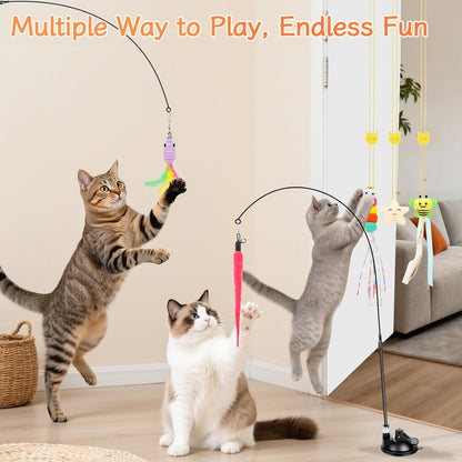 Interactive Cat Toys, 15PCS Cat Wand and Feather Toys for Indoor Cats, Reusable Suction Cup Toys for Kittens Play Exercise