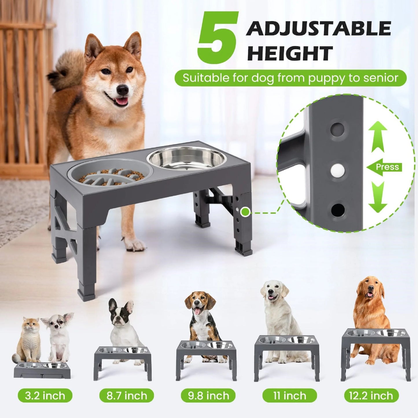 Elevated Dog Bowls - 5 Adjustable Heights Stand, 2 Stainless Steel Bowls & 1 Slow Feeder, 3.2" to 12.2" for Small to Large Dogs, Gray