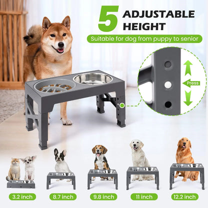 Elevated Dog Bowls - 5 Adjustable Heights Stand, 2 Stainless Steel Bowls & 1 Slow Feeder, 3.2" to 12.2" for Small to Large Dogs, Gray