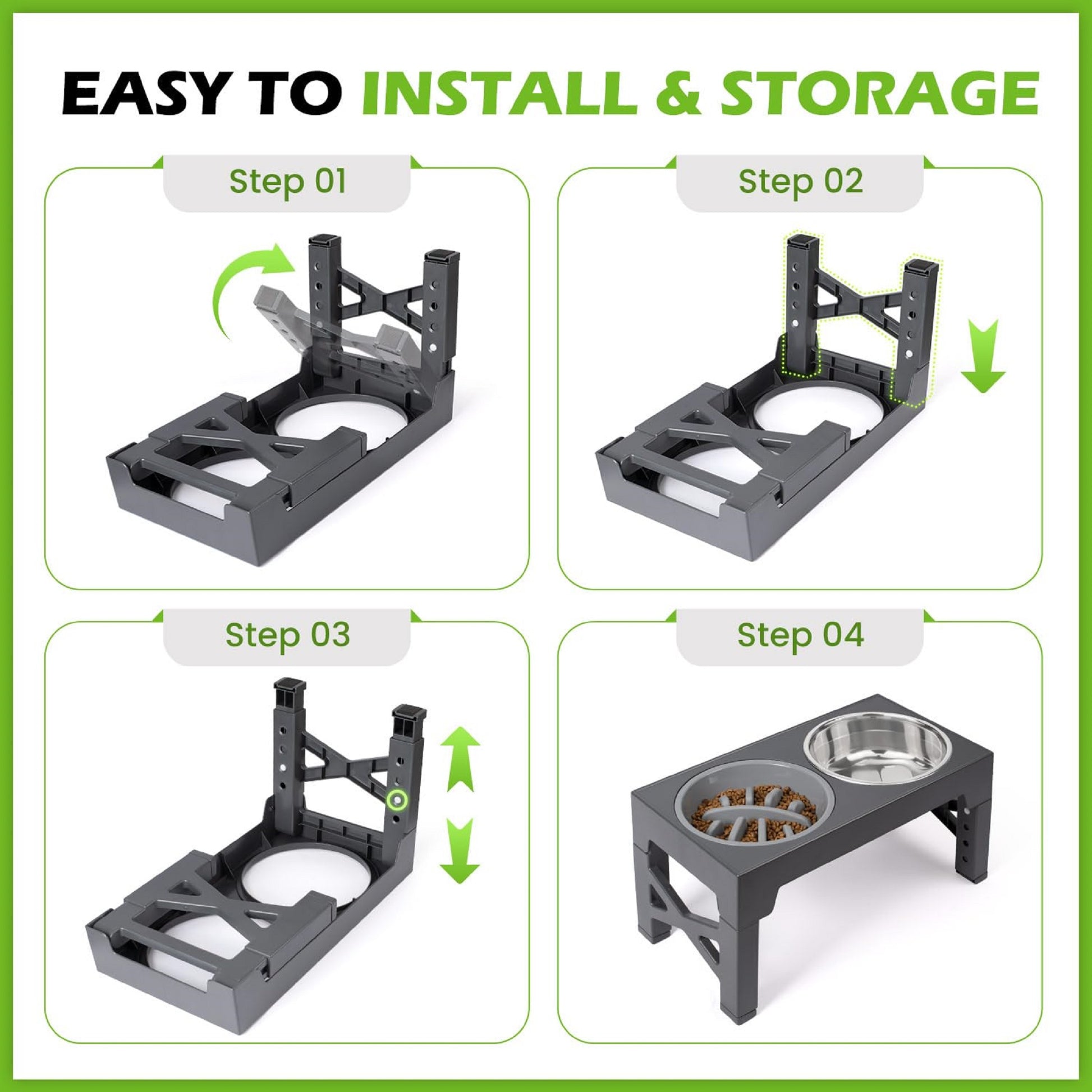 Elevated Dog Bowls - 5 Adjustable Heights Stand, 2 Stainless Steel Bowls & 1 Slow Feeder, 3.2" to 12.2" for Small to Large Dogs, Gray