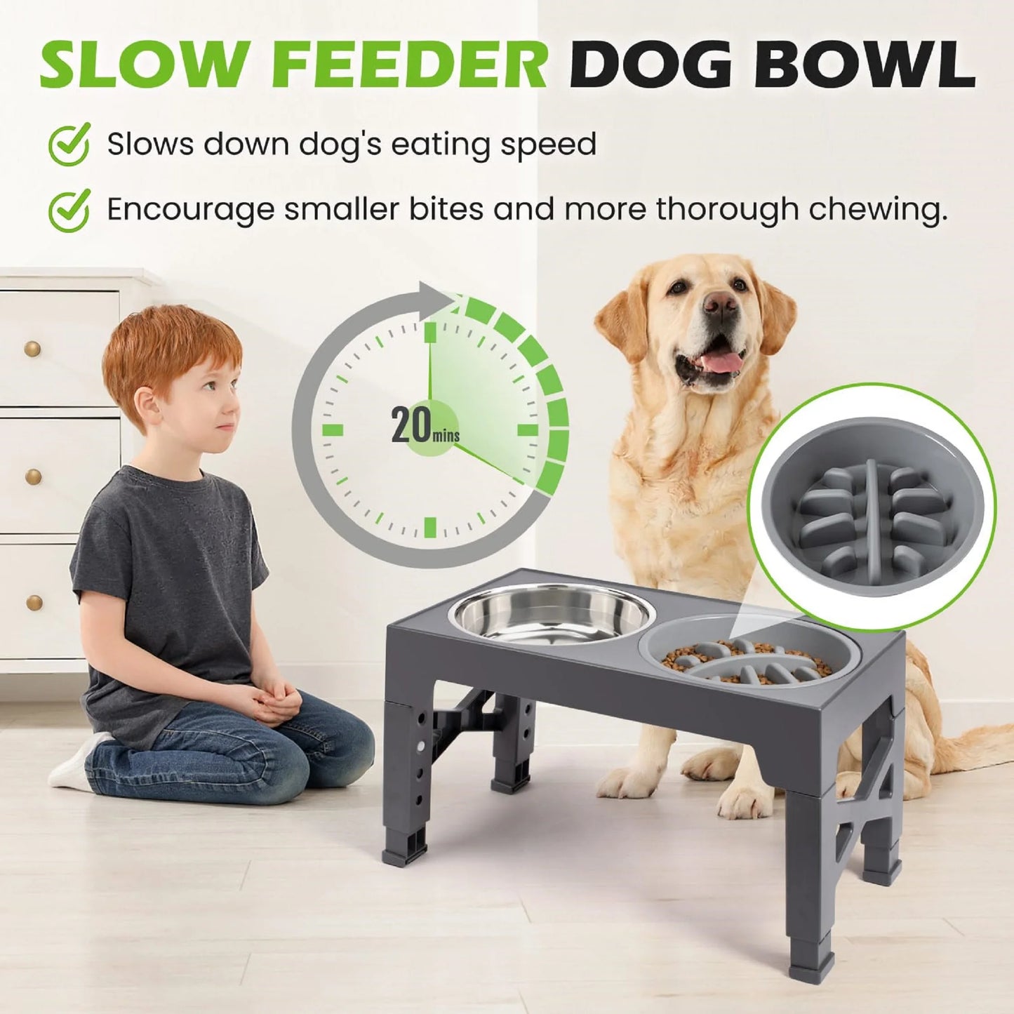 Elevated Dog Bowls - 5 Adjustable Heights Stand, 2 Stainless Steel Bowls & 1 Slow Feeder, 3.2" to 12.2" for Small to Large Dogs, Gray