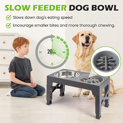 Elevated Dog Bowls - 5 Adjustable Heights Stand, 2 Stainless Steel Bowls & 1 Slow Feeder, 3.2" to 12.2" for Small to Large Dogs, Gray