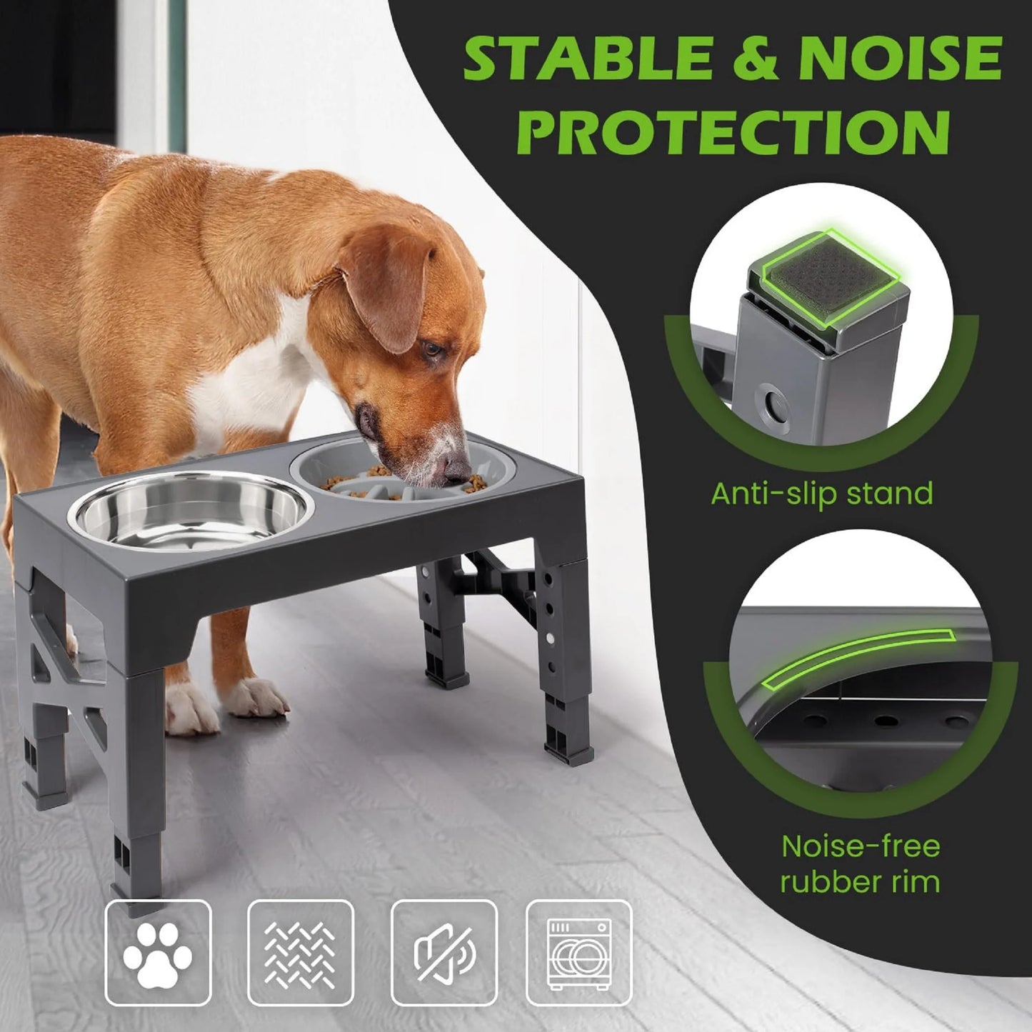 Elevated Dog Bowls - 5 Adjustable Heights Stand, 2 Stainless Steel Bowls & 1 Slow Feeder, 3.2" to 12.2" for Small to Large Dogs, Gray