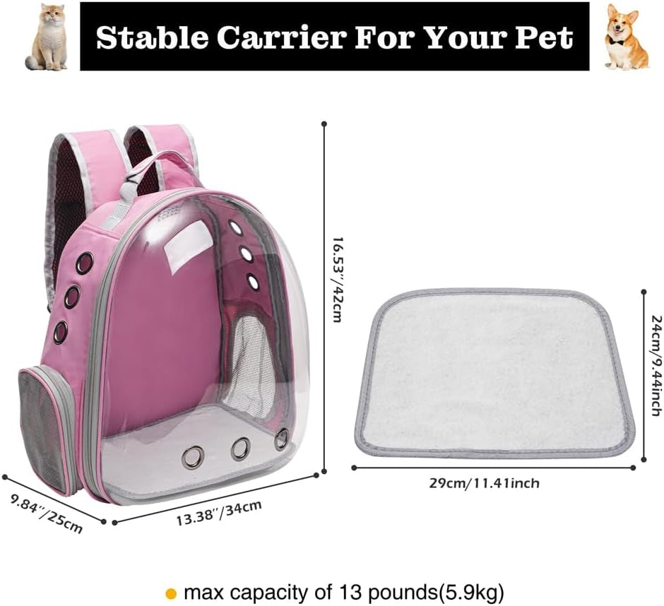 Large Cat Backpack Carrier for Travel and Hiking Transparent Pet Bubble Backpack for Cats up to 20Lbs with Ventilation and Padded Straps Mochila Para Gatos Transportadora Mascotas (Pink)