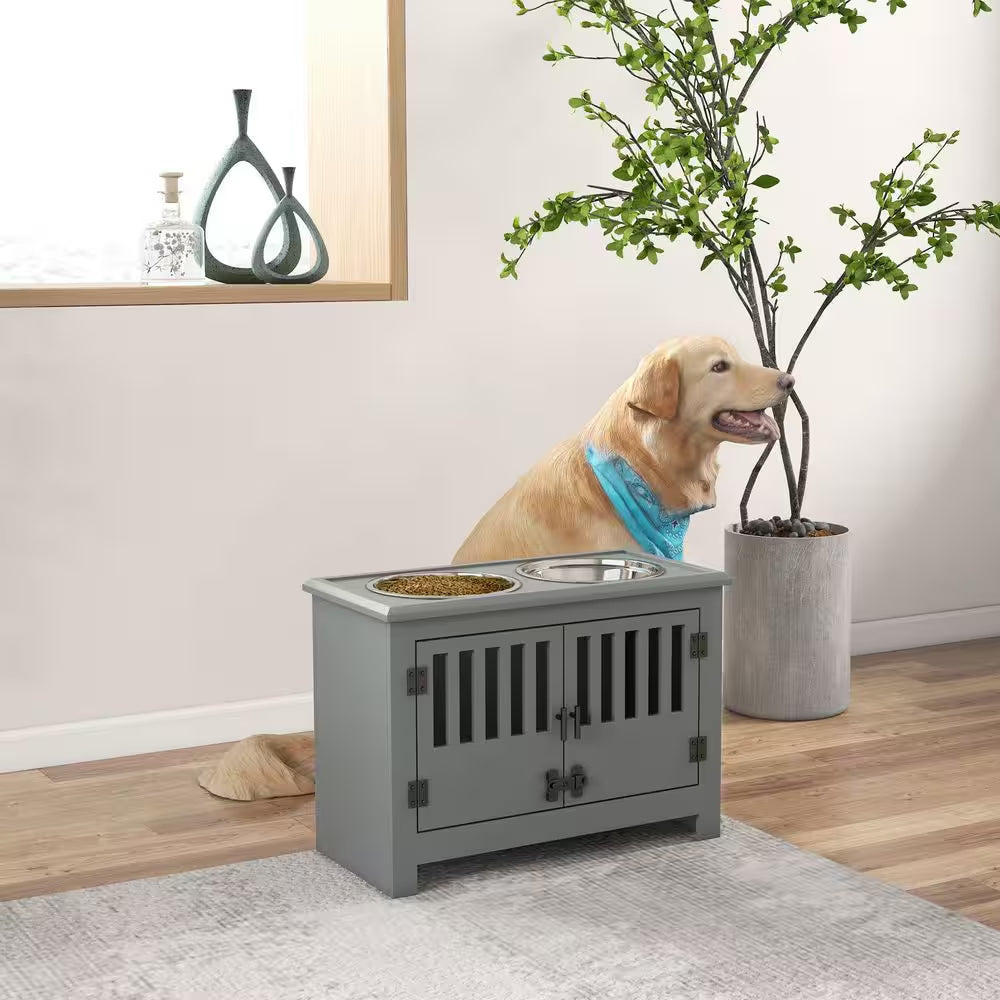 Large Elevated Dog Bowls with Storage Cabinet, Raised Dog Bowl Stand Pet Food Bowl Dog Feeding Station, Gray