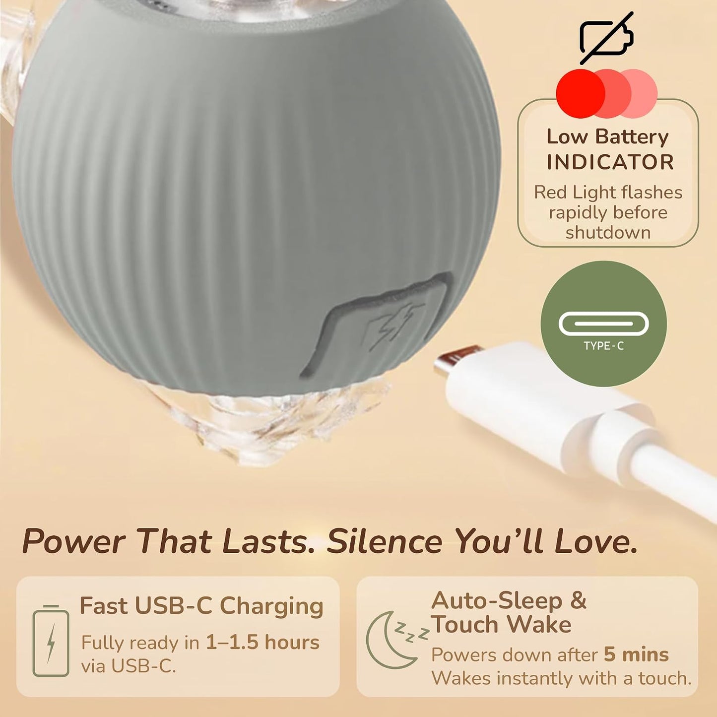 Smart Ball 2.0 - Automatic Cat Toy & Interactive Dog Toys for Small Dogs - Moving Cat Toy Ball for Indoor Cats - Motion Activated, Light Up, USB-C Rechargeable Pet Toy, 2 Speed Modes [Gray]