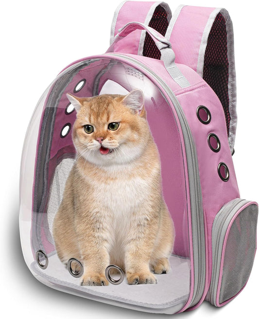 Large Cat Backpack Carrier for Travel and Hiking Transparent Pet Bubble Backpack for Cats up to 20Lbs with Ventilation and Padded Straps Mochila Para Gatos Transportadora Mascotas (Pink)