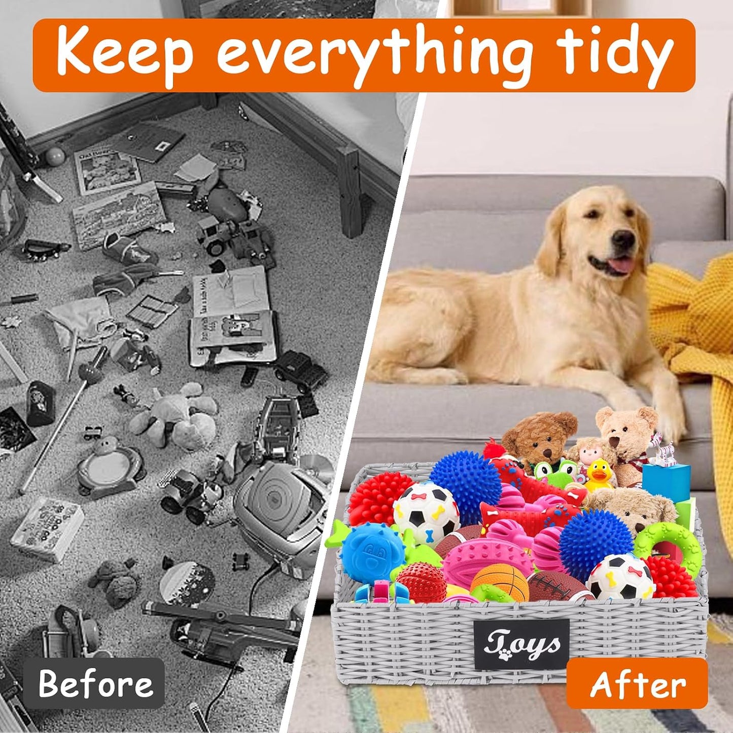 Dog Toy Basket Large Durable Metal Woven Foldable Storage Bin, Living Room Bedroom Entryway Toy Storage Organizer Rustic Trapezoid Pet Basket for Dogs Puppies and Home Floor Corners