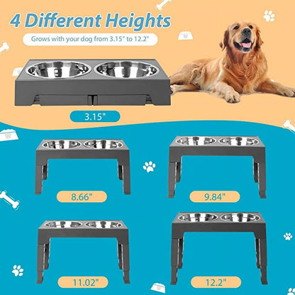 Elevated Dog Bowls with 2 Stainless Steel Dog Food Bowls, Raised Dog Bowl Adjusts to 5 Heights for Small Medium and Large Dogs, Grey