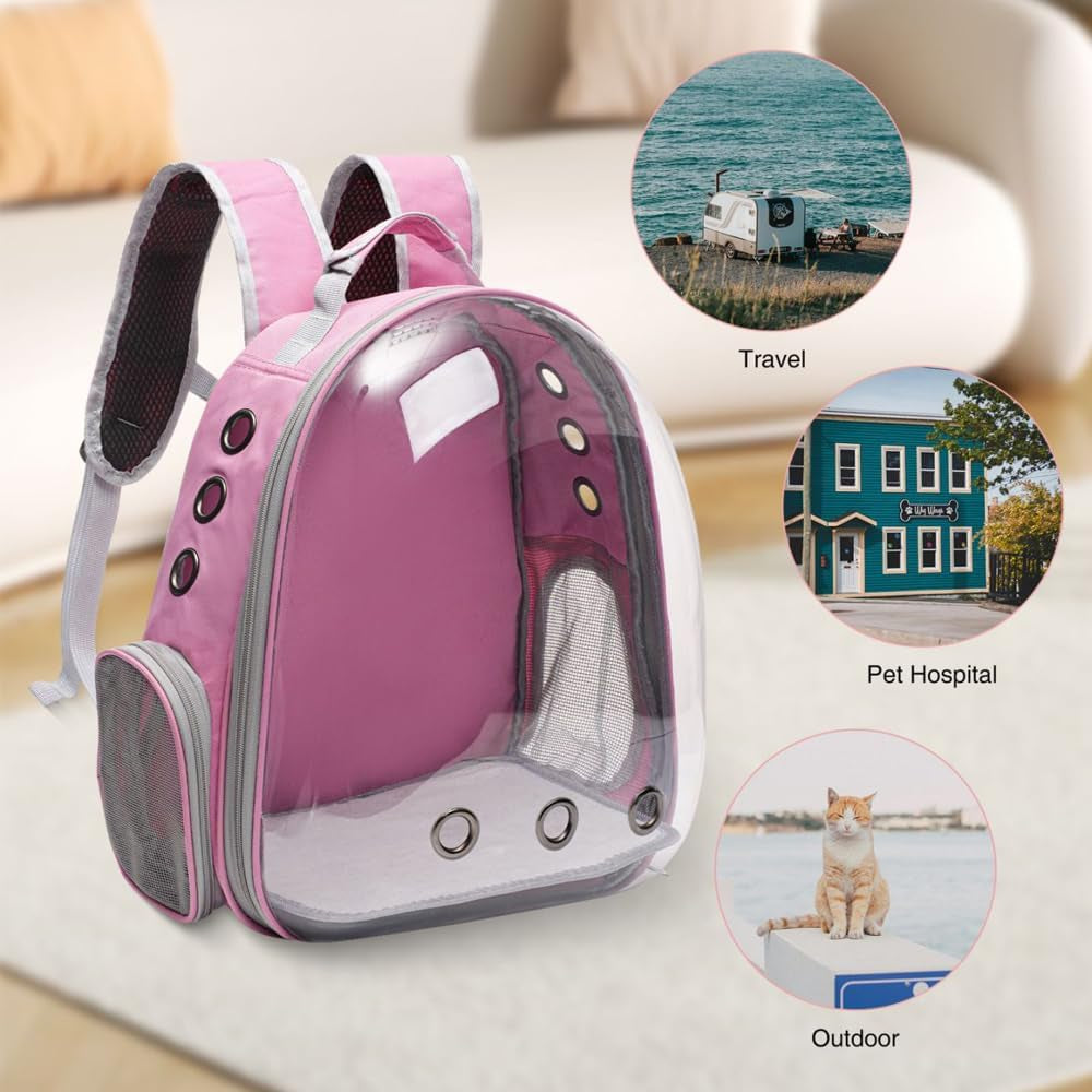 Large Cat Backpack Carrier for Travel and Hiking Transparent Pet Bubble Backpack for Cats up to 20Lbs with Ventilation and Padded Straps Mochila Para Gatos Transportadora Mascotas (Pink)
