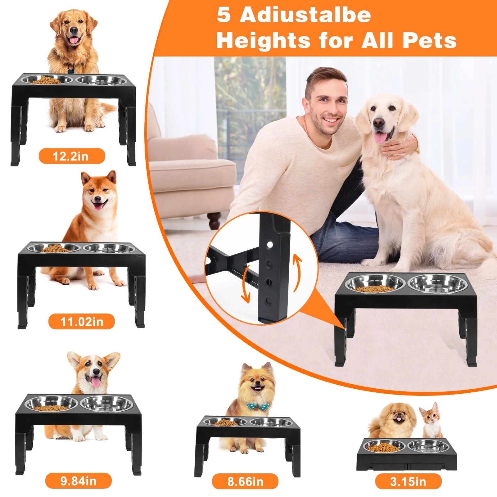 Elevated Dog Bowls, Adjustable Height Raised Dog Food Bowls for Small Medium and Large Dog