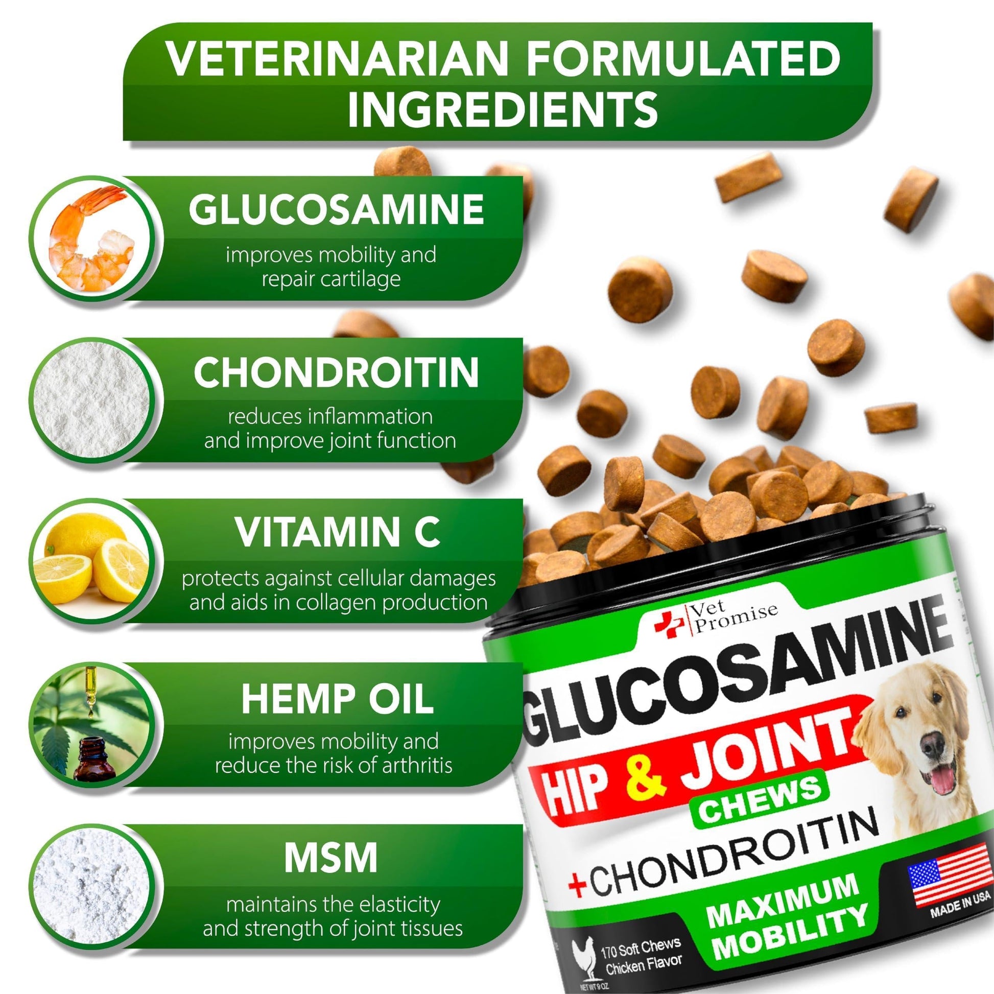 Glucosamine for Dogs Hip and Joint Supplement Glucosamine Chondroitin Joint Pain Relief MSM Hemp Advanced 170 Mobility Chews