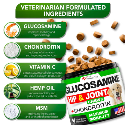 Glucosamine for Dogs Hip and Joint Supplement Glucosamine Chondroitin Joint Pain Relief MSM Hemp Advanced 170 Mobility Chews