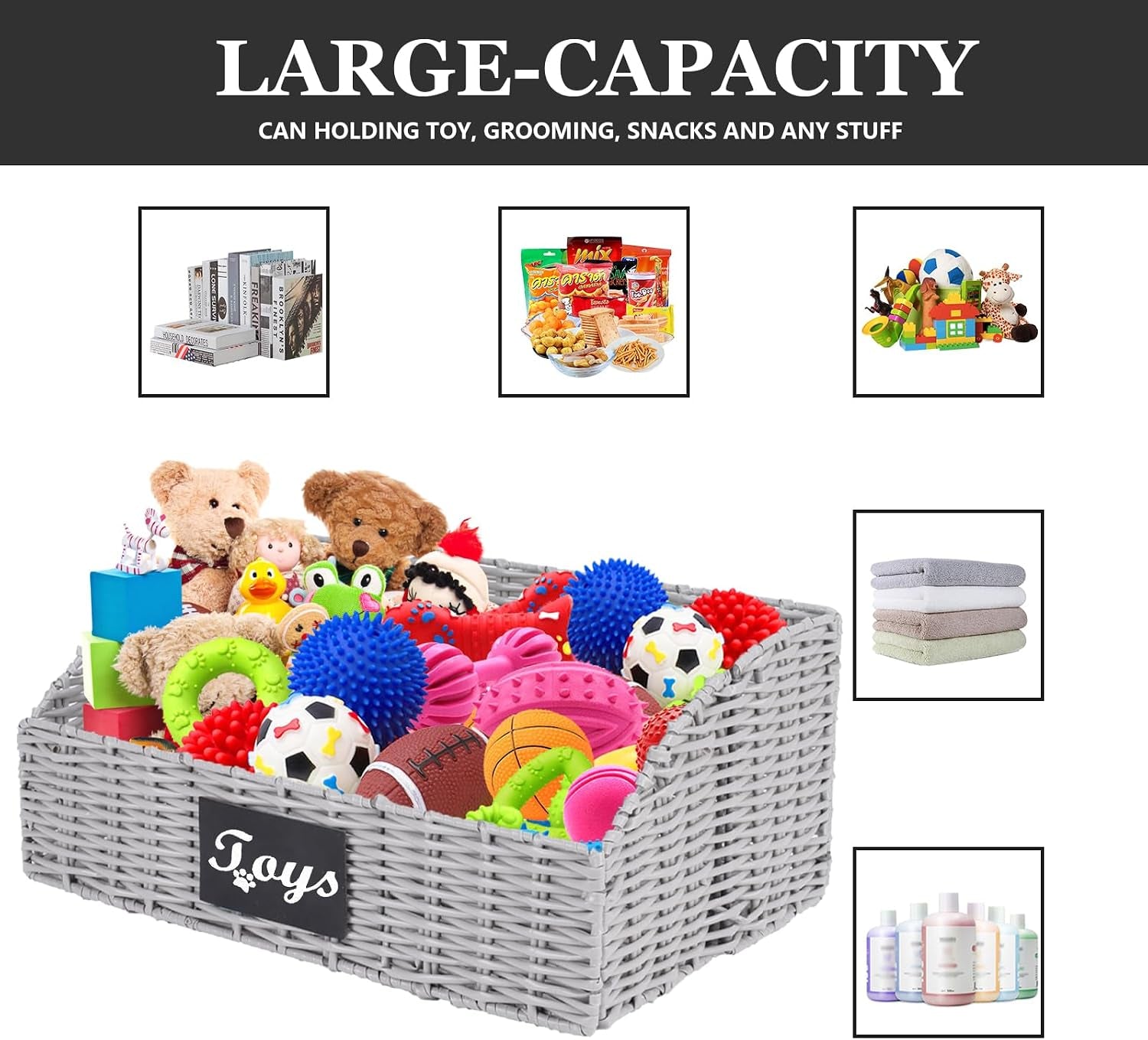 Dog Toy Basket Large Durable Metal Woven Foldable Storage Bin, Living Room Bedroom Entryway Toy Storage Organizer Rustic Trapezoid Pet Basket for Dogs Puppies and Home Floor Corners