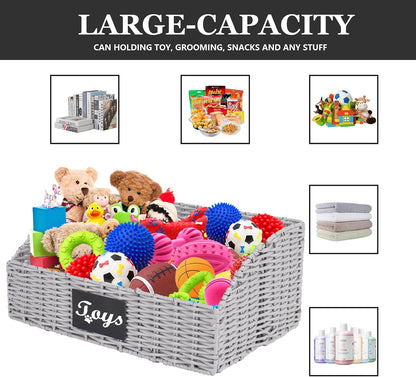 Dog Toy Basket Large Durable Metal Woven Foldable Storage Bin, Living Room Bedroom Entryway Toy Storage Organizer Rustic Trapezoid Pet Basket for Dogs Puppies and Home Floor Corners