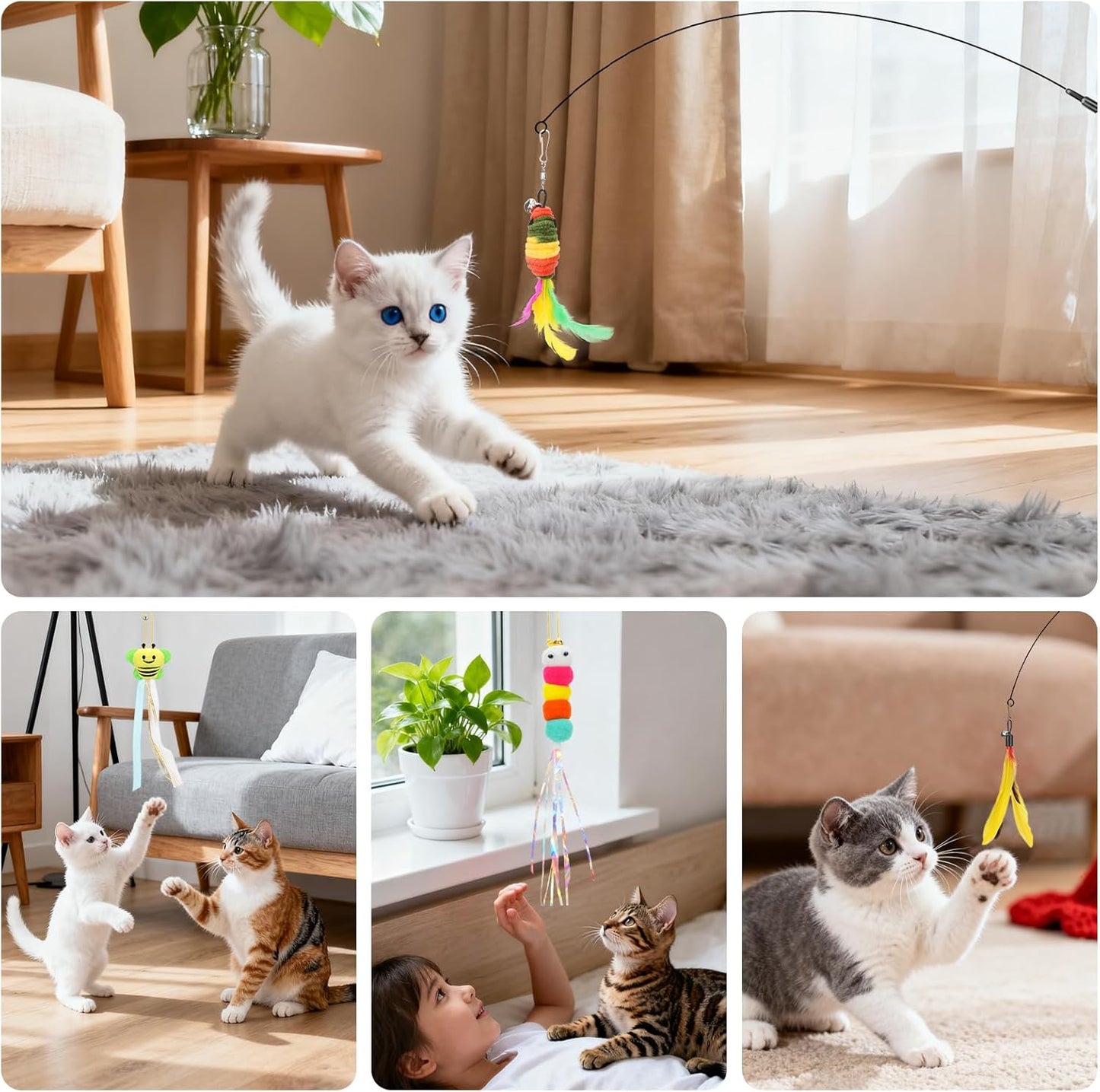 Interactive Cat Toys, 15PCS Cat Wand and Feather Toys for Indoor Cats, Reusable Suction Cup Toys for Kittens Play Exercise