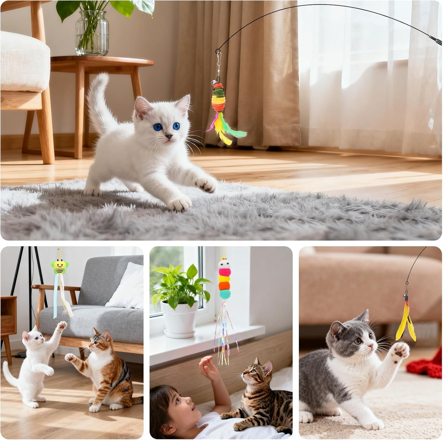 Interactive Cat Toys, 15PCS Cat Wand and Feather Toys for Indoor Cats, Reusable Suction Cup Toys for Kittens Play Exercise