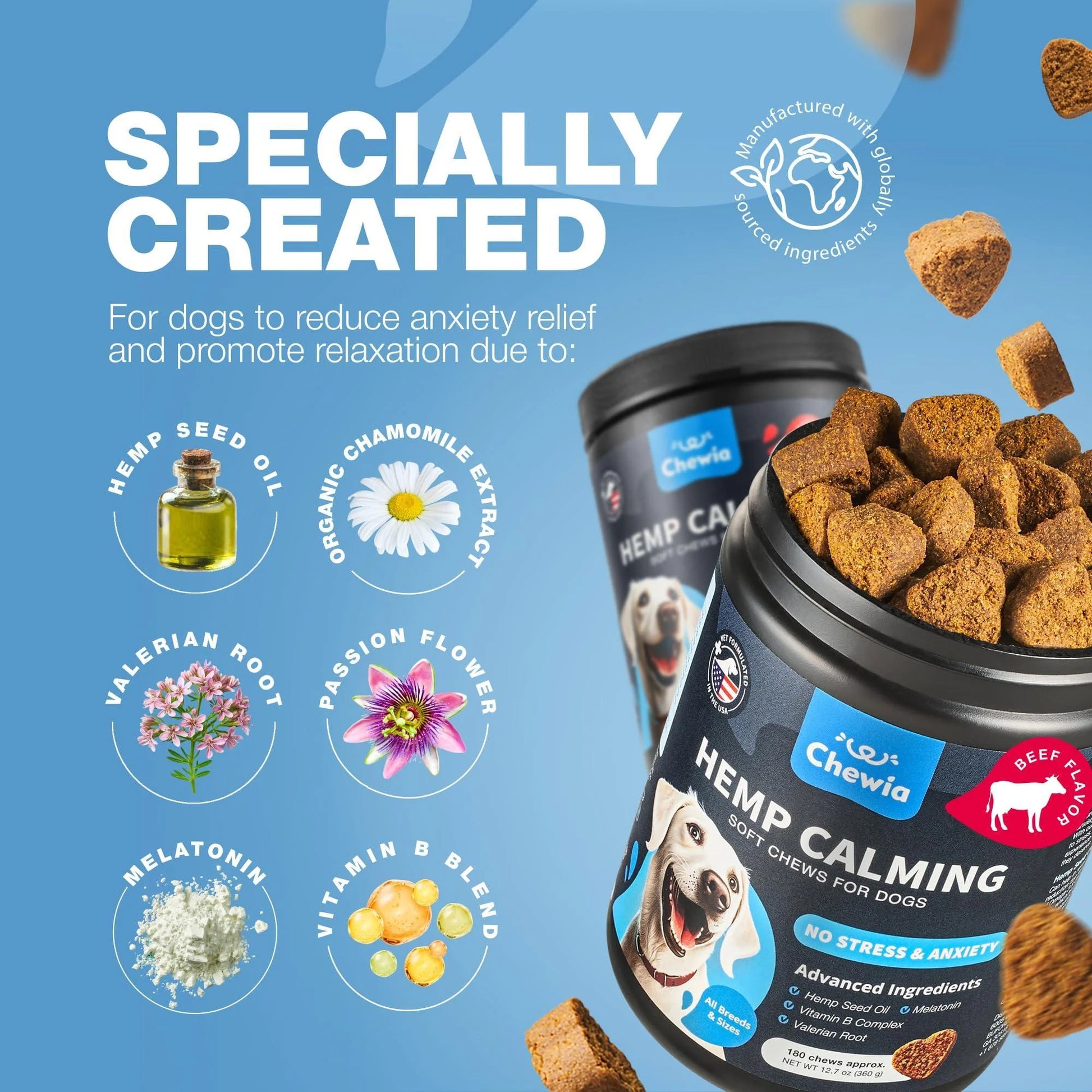 Hemp Calming Chews for Dogs Anxiety Relief for Dogs with L Theanine Chamomile