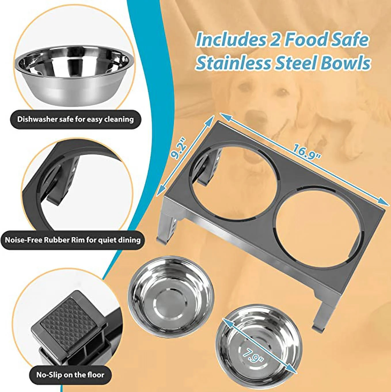 Elevated Dog Bowls with 2 Stainless Steel Dog Food Bowls, Raised Dog Bowl Adjusts to 5 Heights for Small Medium and Large Dogs, Grey