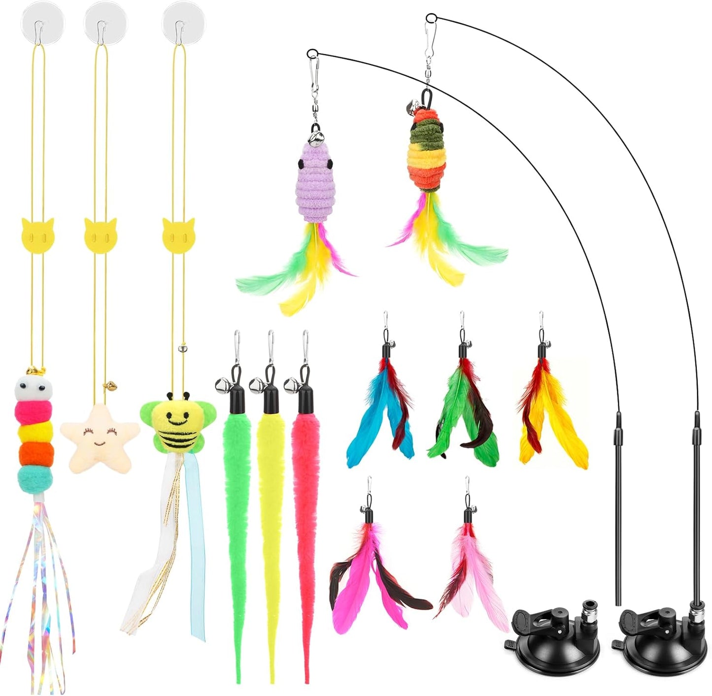 Interactive Cat Toys, 15PCS Cat Wand and Feather Toys for Indoor Cats, Reusable Suction Cup Toys for Kittens Play Exercise