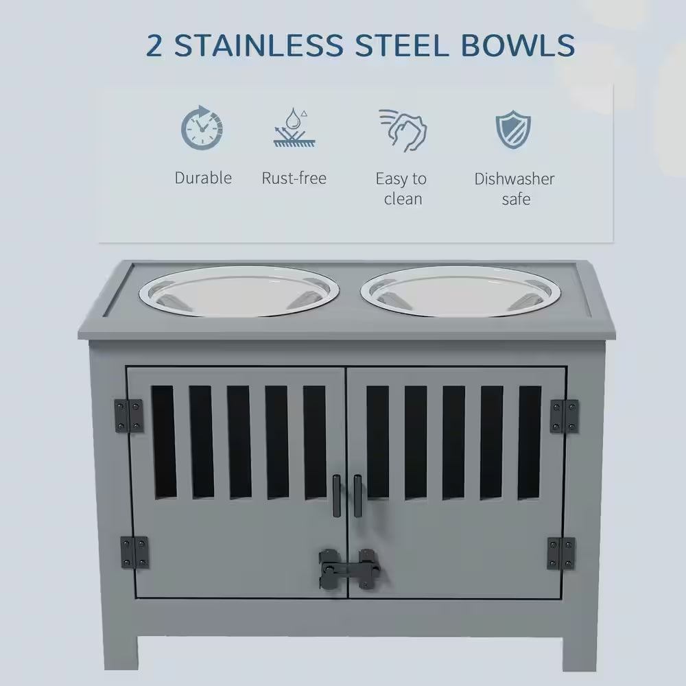 Large Elevated Dog Bowls with Storage Cabinet, Raised Dog Bowl Stand Pet Food Bowl Dog Feeding Station, Gray