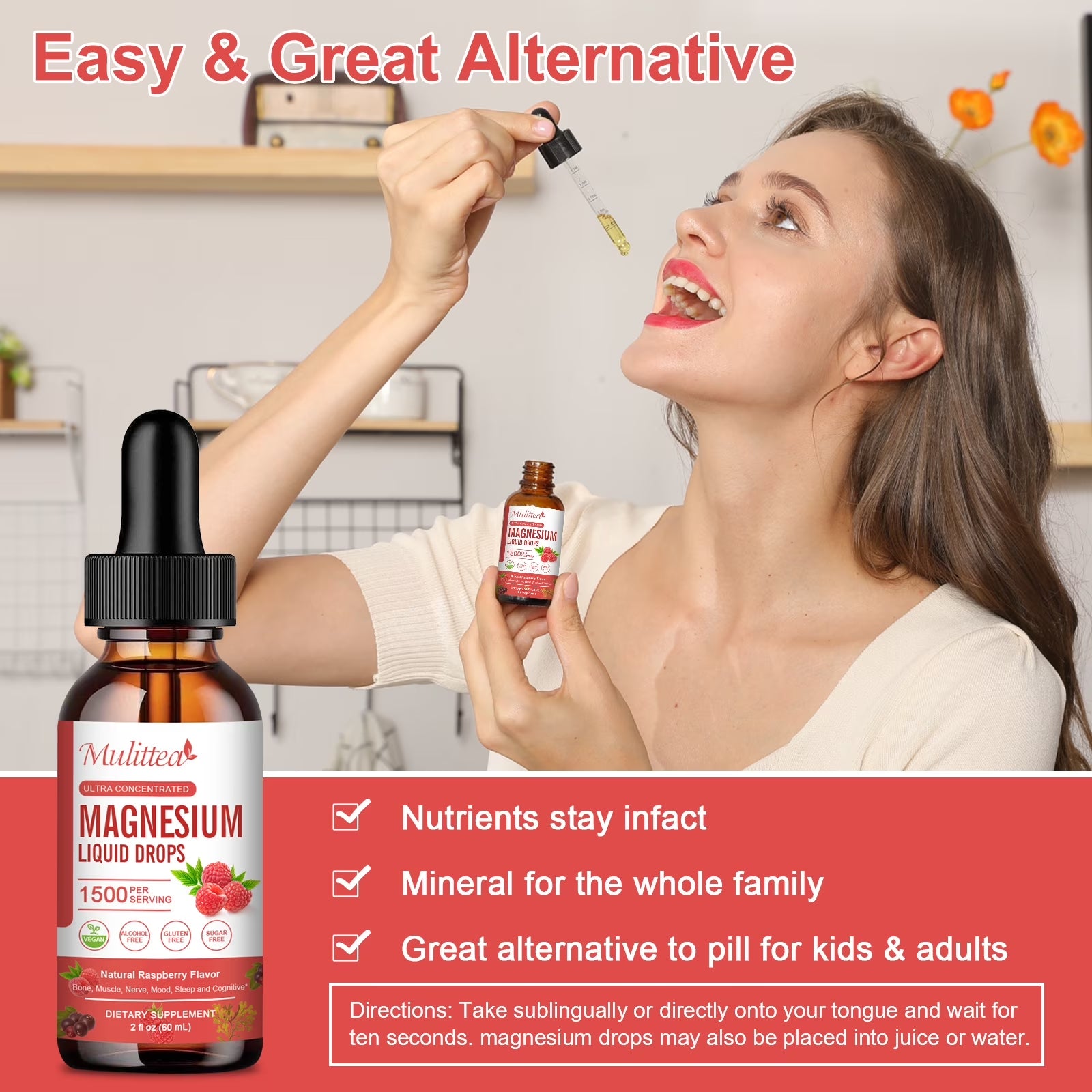Magnesium Glycinate Liquid Drop - with Citrate, Malate and Taurate, L-Theanine, D3, K2,B6 - for Sleep, Bone,Muscles, Energy, Sugar-Free Raspberry Flavor - 4 Fl Oz