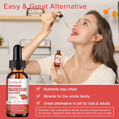 Magnesium Glycinate Liquid Drop - with Citrate, Malate and Taurate, L-Theanine, D3, K2,B6 - for Sleep, Bone,Muscles, Energy, Sugar-Free Raspberry Flavor - 4 Fl Oz