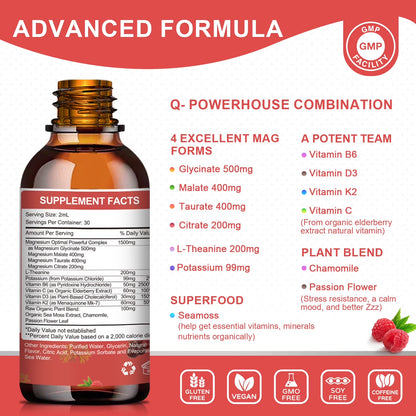 Magnesium Glycinate Liquid Drop - with Citrate, Malate and Taurate, L-Theanine, D3, K2,B6 - for Sleep, Bone,Muscles, Energy, Sugar-Free Raspberry Flavor - 4 Fl Oz