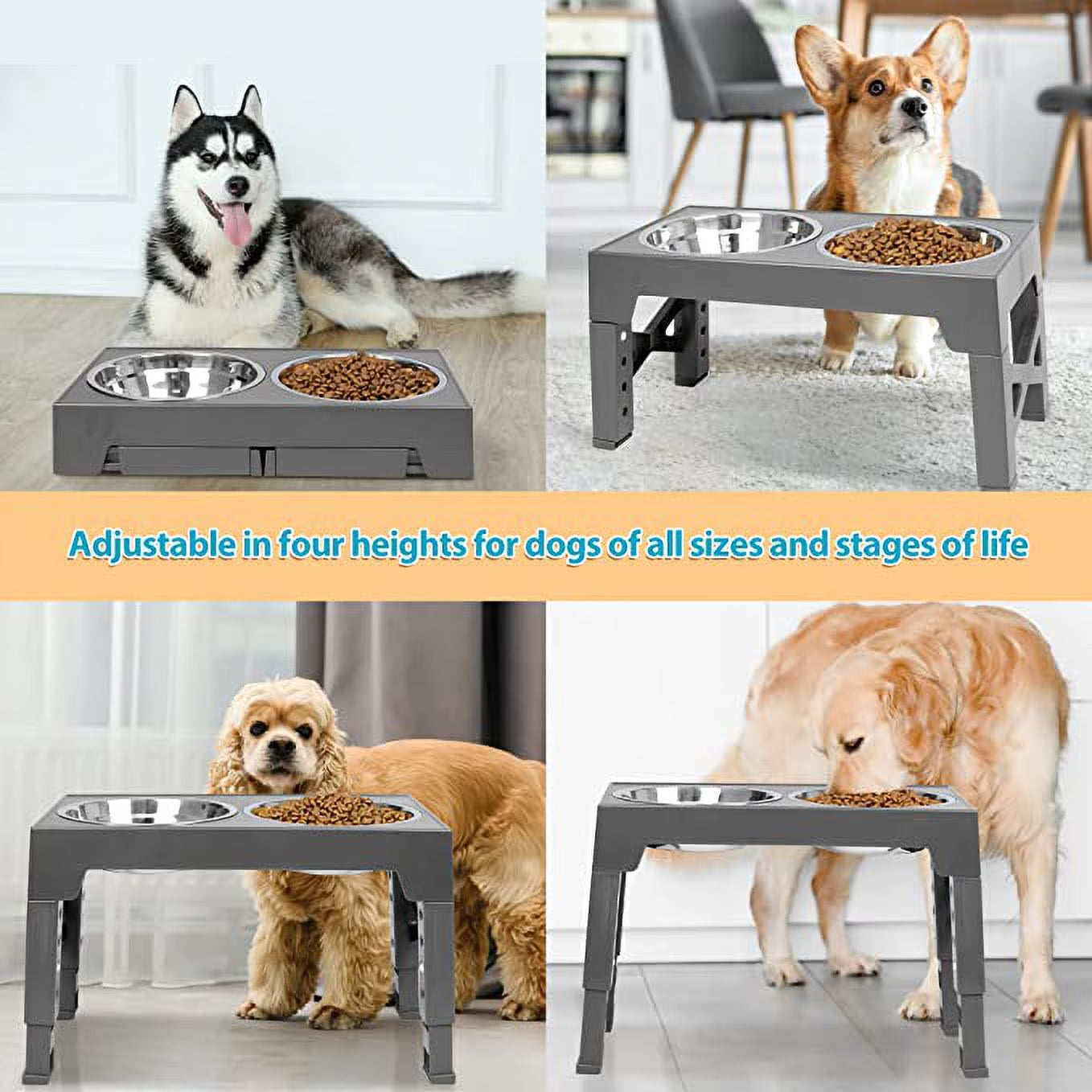 Elevated Dog Bowls with 2 Stainless Steel Dog Food Bowls, Raised Dog Bowl Adjusts to 5 Heights for Small Medium and Large Dogs, Grey