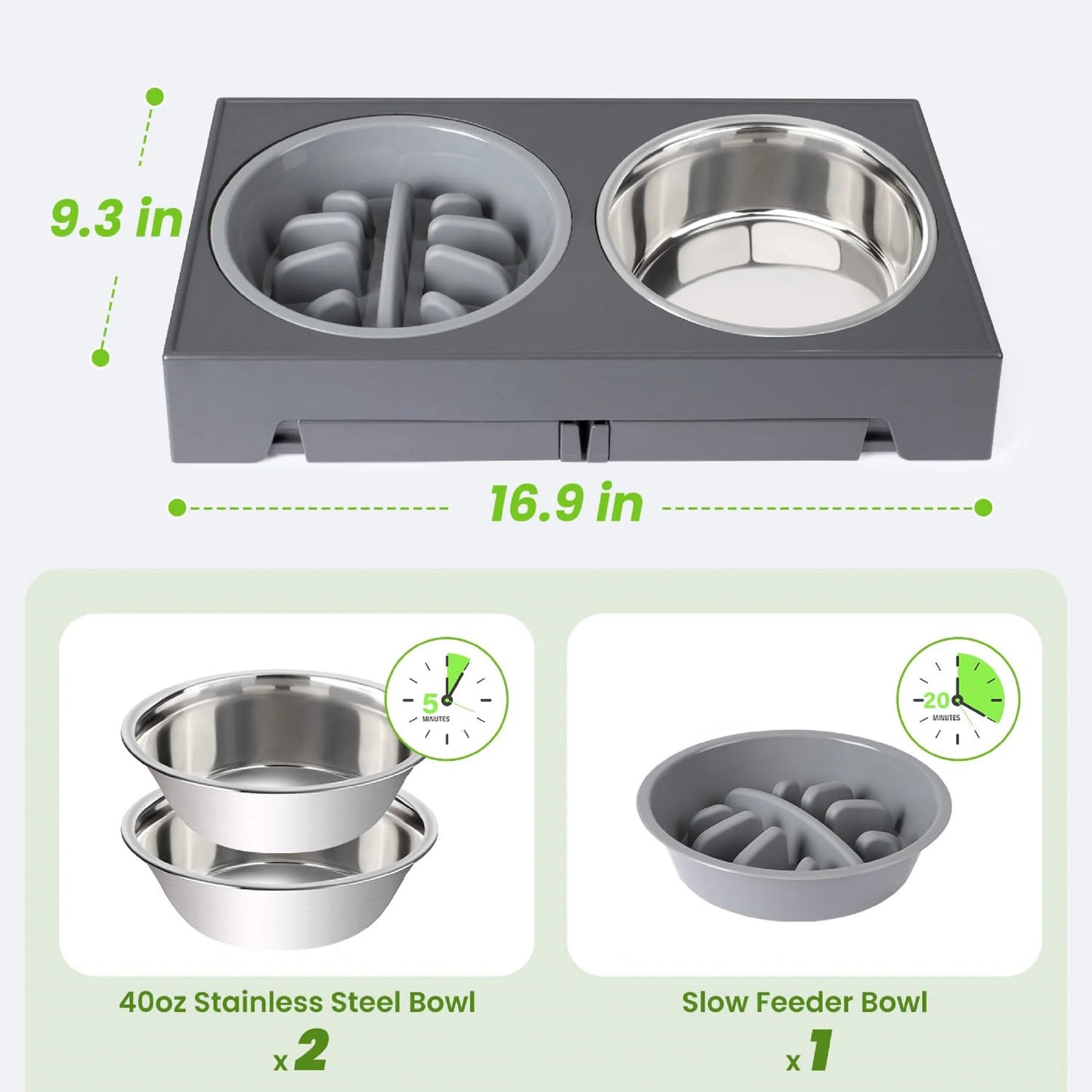 Elevated Dog Bowls - 5 Adjustable Heights Stand, 2 Stainless Steel Bowls & 1 Slow Feeder, 3.2" to 12.2" for Small to Large Dogs, Gray