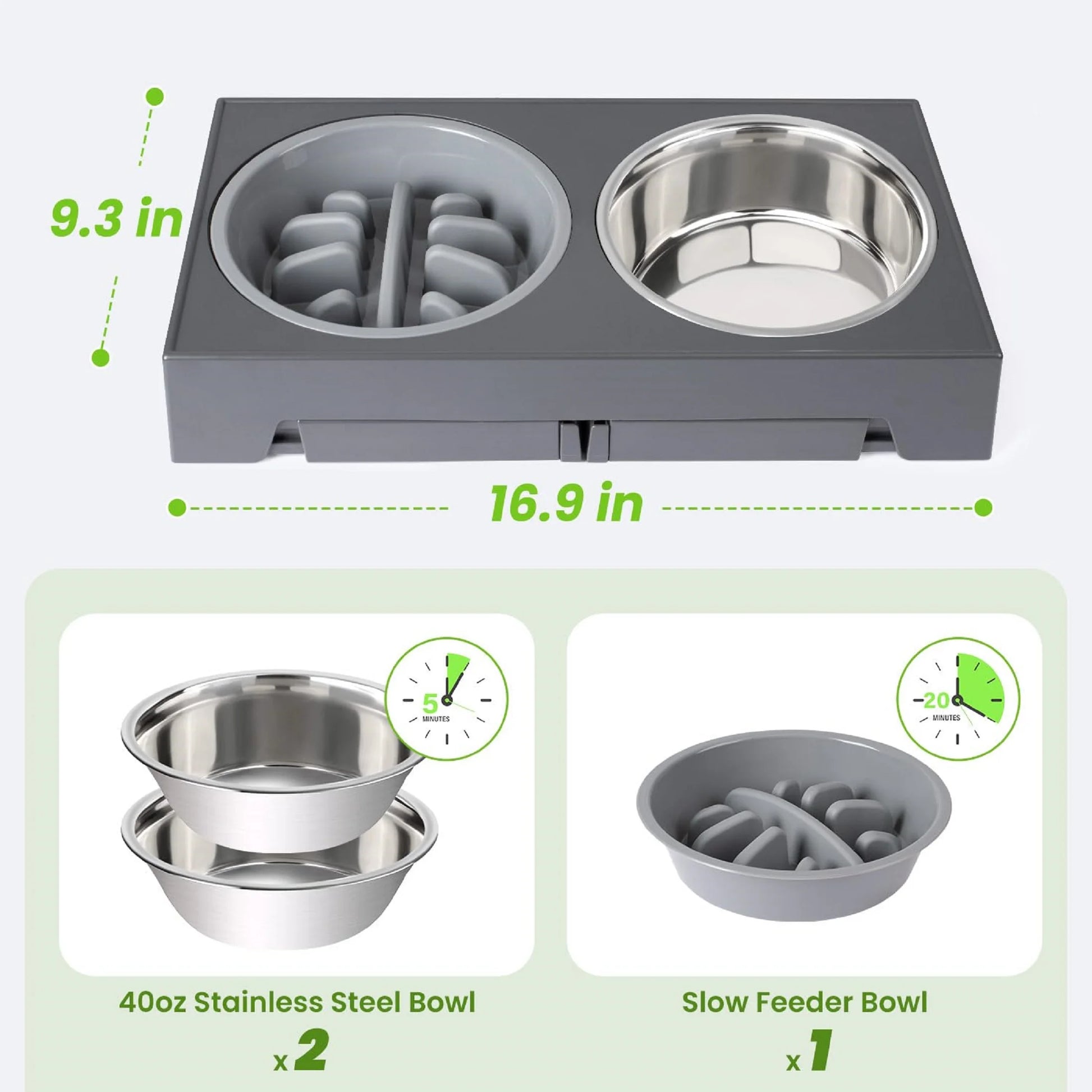 Elevated Dog Bowls - 5 Adjustable Heights Stand, 2 Stainless Steel Bowls & 1 Slow Feeder, 3.2" to 12.2" for Small to Large Dogs, Gray