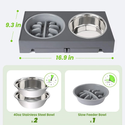 Elevated Dog Bowls - 5 Adjustable Heights Stand, 2 Stainless Steel Bowls & 1 Slow Feeder, 3.2" to 12.2" for Small to Large Dogs, Gray