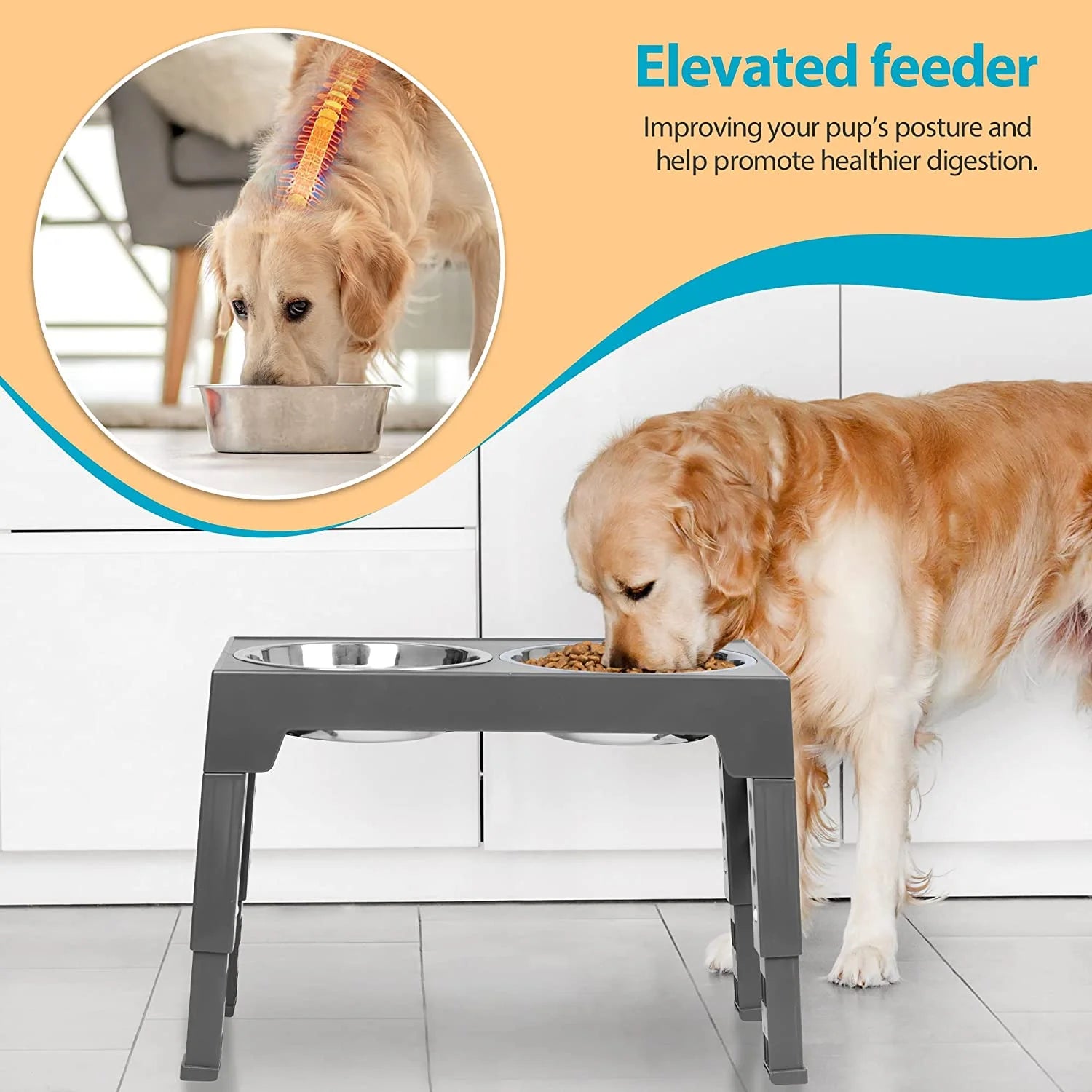Elevated Dog Bowls with 2 Stainless Steel Dog Food Bowls, Raised Dog Bowl Adjusts to 5 Heights for Small Medium and Large Dogs, Grey