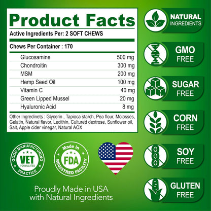 Glucosamine for Dogs Hip and Joint Supplement Glucosamine Chondroitin Joint Pain Relief MSM Hemp Advanced 170 Mobility Chews