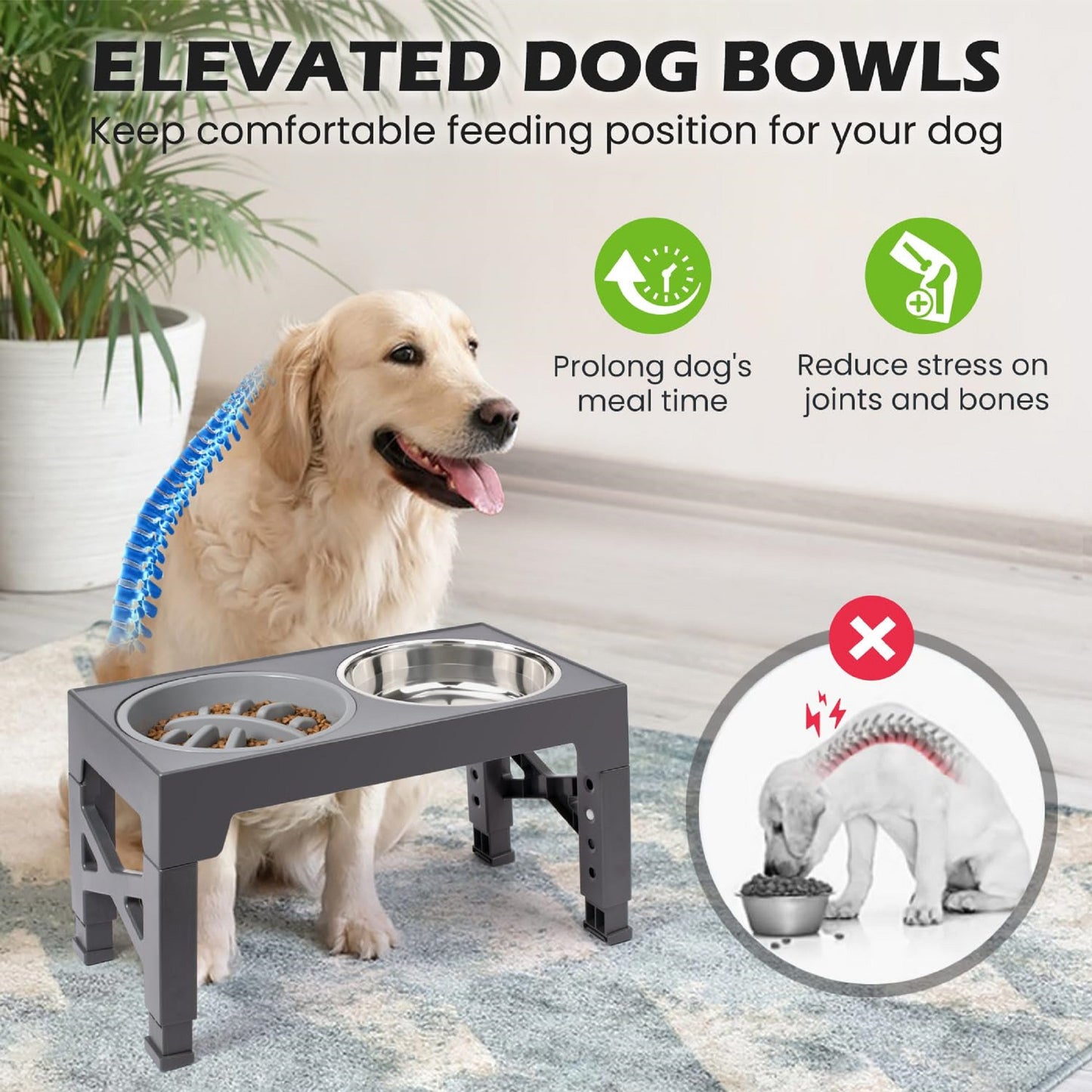 Elevated Dog Bowls - 5 Adjustable Heights Stand, 2 Stainless Steel Bowls & 1 Slow Feeder, 3.2" to 12.2" for Small to Large Dogs, Gray