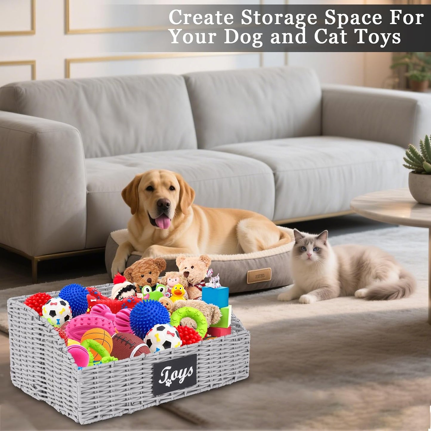 Dog Toy Basket Large Durable Metal Woven Foldable Storage Bin, Living Room Bedroom Entryway Toy Storage Organizer Rustic Trapezoid Pet Basket for Dogs Puppies and Home Floor Corners