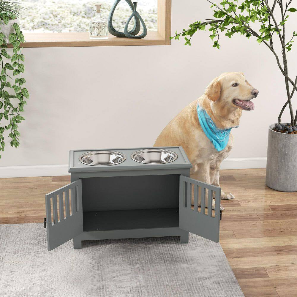Large Elevated Dog Bowls with Storage Cabinet, Raised Dog Bowl Stand Pet Food Bowl Dog Feeding Station, Gray