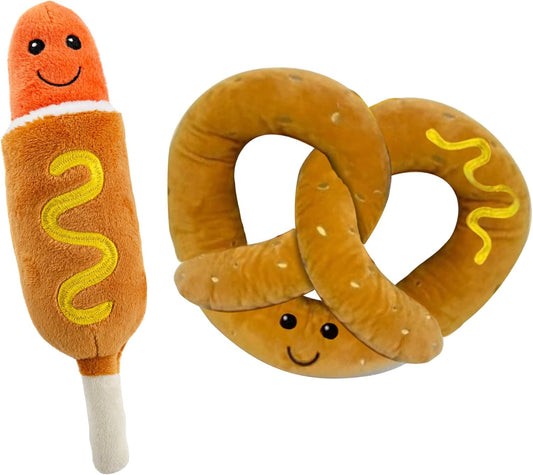 Pet Plush Pet Toy Fruits, Cupcakes, Ice Creams, Mug with Squeaker Dog Chew Toy (8" Corn Dog & Pretzel)